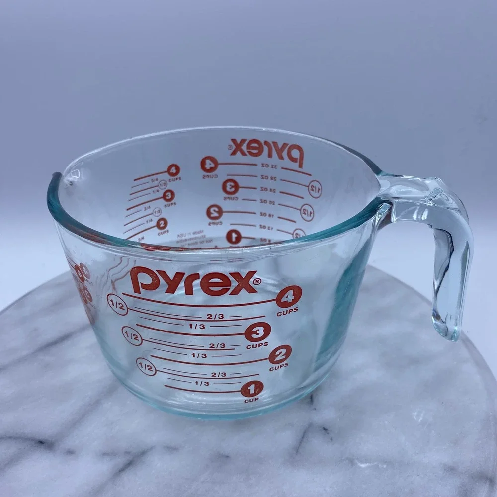 Pyrex 4 Cup Glass Measuring Cup Clear Red Markings 32oz Handle Spout USA Vintage